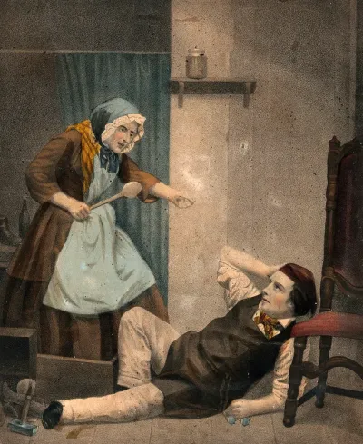 A shoemaker who has exchanged looks with a young woman customer lies on the floor holding his head as a woman (his wife?) attacks him with a spoon