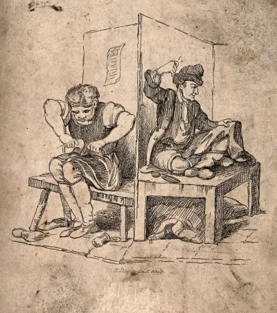 A shoemender and a tailor sitting on benches repairing old shoes and clothes