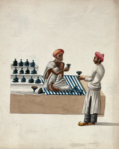 A shopkeeper selling earthen diyas (lamps) (?) to a man