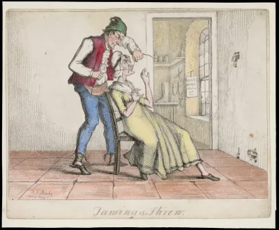 A shopkeeper sews up his wife's mouth to stop her from nagging