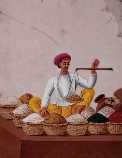 A shopkeeper weighing pulses (?)