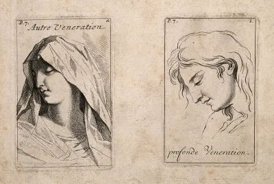 A shrouded woman (the Virgin Mary?) expressing veneration (left); a young man with inclining head also expressing veneration (right)