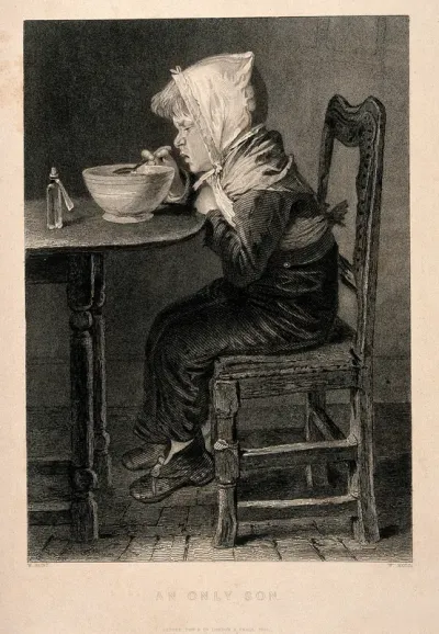 A sick child grimaces as he takes his medication and gruel