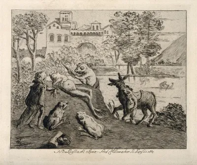 A sick frog is administered an enema by one of his companions; other frogs, some anthropomorphised, some not, stand by