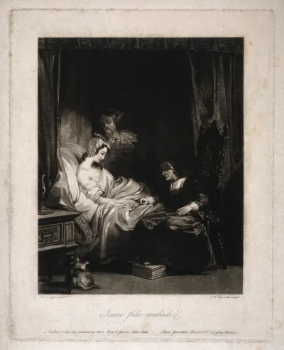 A sick girl in bed being counselled by a nun while another woman looks anxious