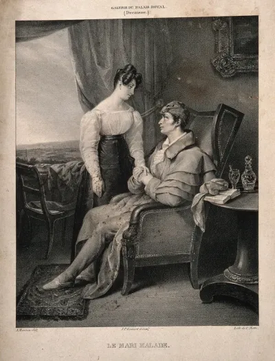 A sick husband holds the hand of his wife