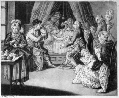 A sick man in bed, attended by a physician, and surrounded by members of his family weeping and praying