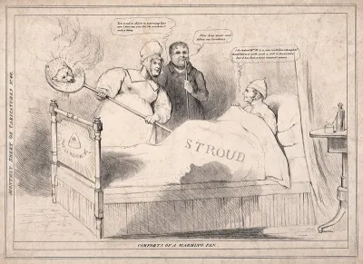 A sick man in bed, offered a warming pan by his maid and advice by his physician; representing Lord John Russell being given a seat at Stroud by Melbourne after his defeat in South Devon, looking for support to the radical Daniel O'Connell