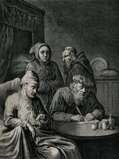 A sick man is seated in an armchair and a doctor is writing his prescription; two monks in the background