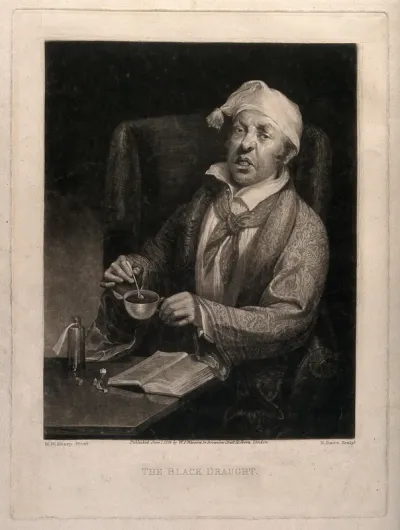 A sick man mixing a dose of medicine for himself from a book