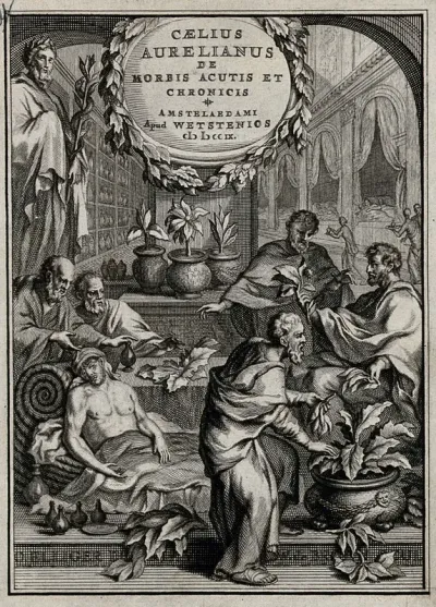 A sick man reclining on a couch, men gathering plants to cure him; a man holding a staff of Aesculapius in the background