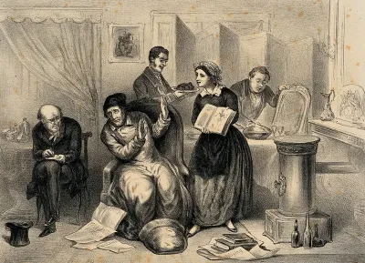 A sick man seated in an armchair is turning his head away from a book illustrated with a skeleton; doctor on the left, two servants in the background