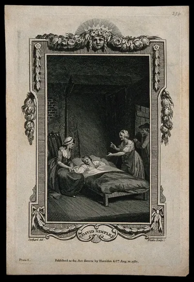 A sick man (Valentine) in bed with his hand held by his sister Camilla: the landlady demands the rent as David Simple enters the room