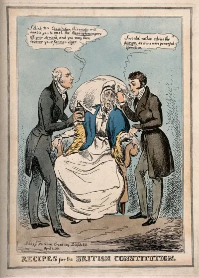 A sick old woman seated between two doctors each prescribing different medication; representing Wellington's and Russell's opposing political views