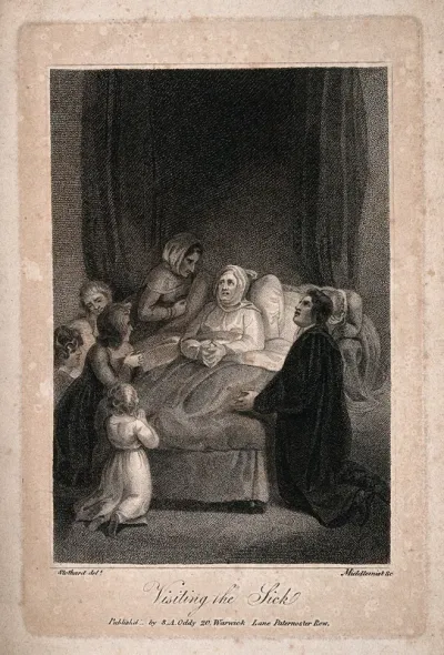 A sick patient surrounded by family and visited by a priest