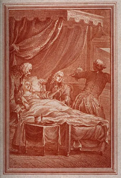 A sick woman is attended to by three men