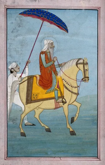 A Sikh man on a horse followed by a man holding a parasol