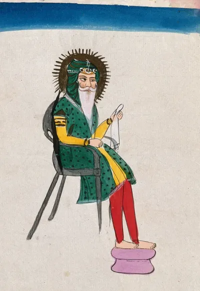 A Sikh man with a halo sitting on a chair