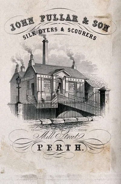 A silk dyeing factory with smoking chimneys; advertising John Pullar & Son, silk dyer and scourer at Perth, Scotland