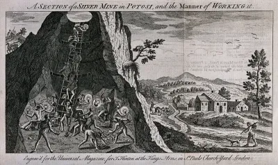 A silver mine in Potosí, Bolivia: cross-section and miners digging