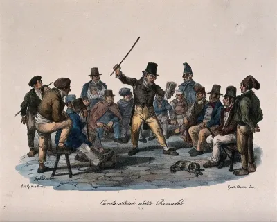 A singer of tales called Rinaldo, performing to an audience of men seated around him: he reads the story from a book and makes gestures with a stick