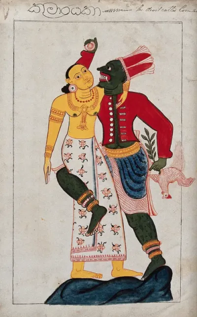 A Sinhalese demon, Coomar, with one leg wrapped around a man, clutching an earring (?) with one hand and holding a twig and a cockerel with his other