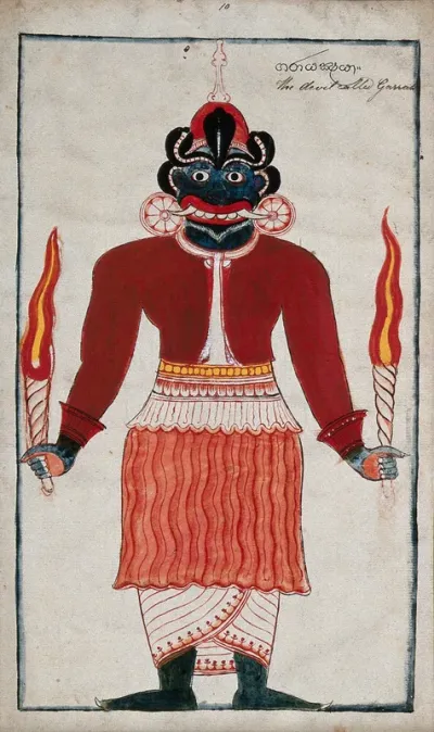 A Sinhalese devil called Garrah holding two flaming torches in each hand