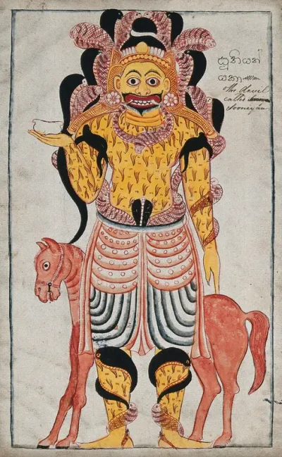 A Sinhalese devil standing before a red horse with numerous snakes wrapped around his body and head