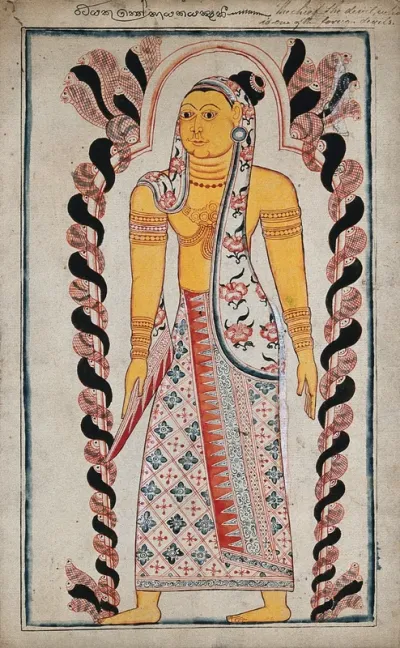 A Sinhalese devil wearing a lungi with a scarf draped around his head, stands under a doorway entwined with snakes