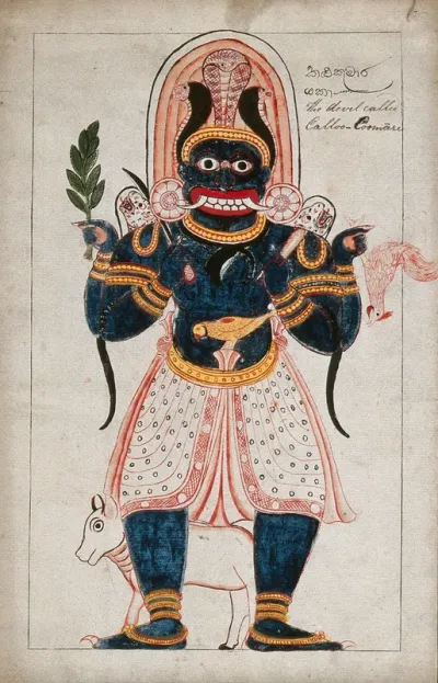 A Sinhalese four armed devil called Calloo Coomare, wearing a headdress of snakes and holding a cockeral, twig with leaves, sword and a small club in his hands