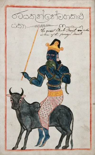 A Sinhalese great black devil sitting on a black cow or ox, eating an elephant's head