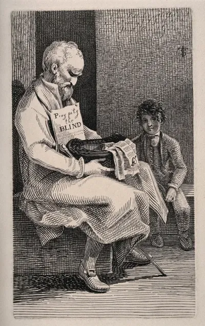 A sitting blind beggar sells 'love sonnets' to obtain money with a boy
