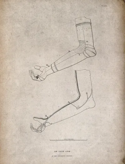 A sixteenth-century iron arm: two figures, including a cross-section