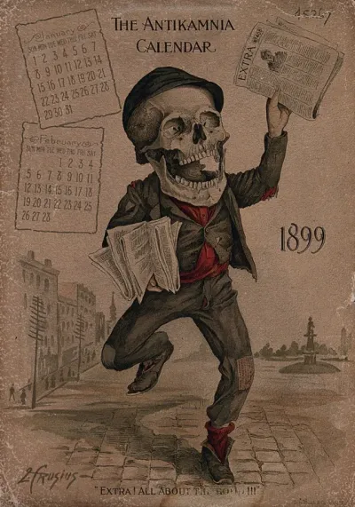 A skeleton as a newspaper seller