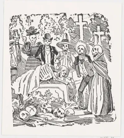 A skeleton covered with a sheet crying in a cemetery, from a broadside entitled ' Calavera llorando el hueso'