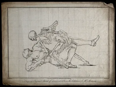 A skeleton (death) wrestling with a man, the skeleton seems to be winning
