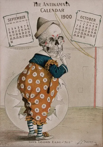 A skeleton dressed as a clown