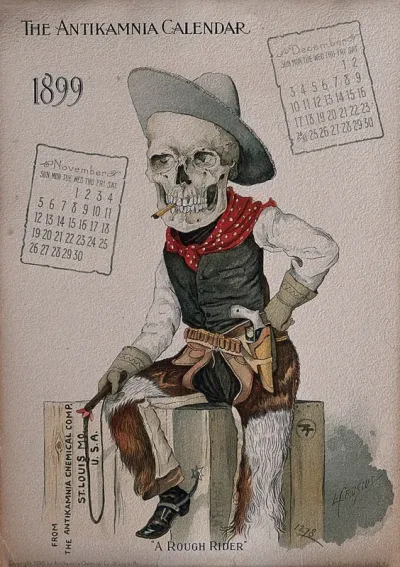 A skeleton dressed as a cowboy
