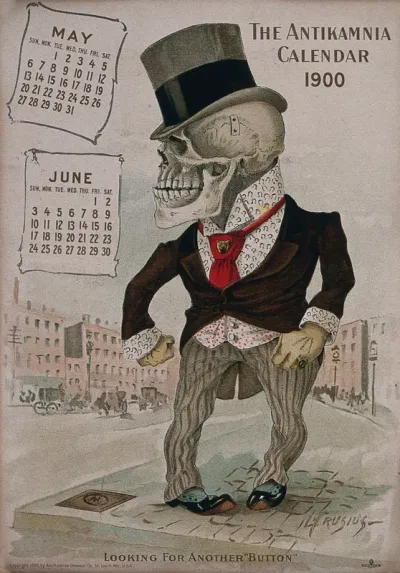 A skeleton dressed as a gentleman grits his teeth