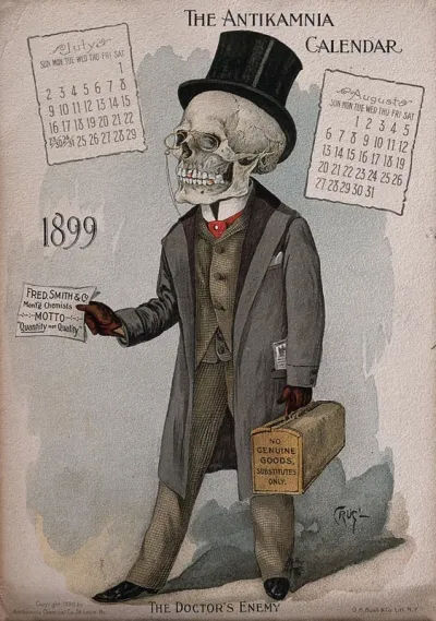 A skeleton dressed as a gentleman holding a letter and a bag which identify him as a door-to-door salesman of poor-quality drugs