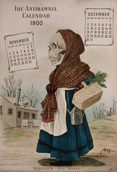 A skeleton dressed as a peasant woman