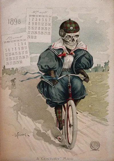 A skeleton dressed as a woman cyclist