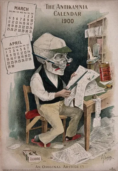 A skeleton dressed as a writer cutting out newspaper articles