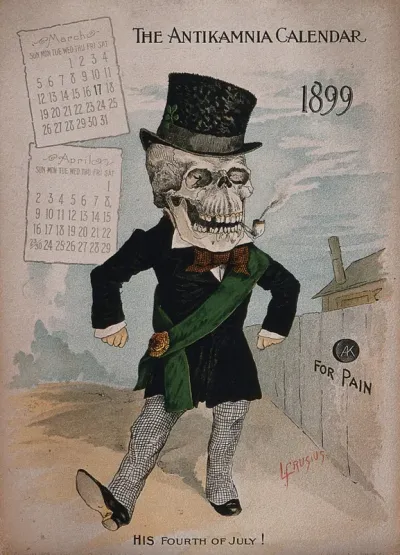 A skeleton dressed in fine attire with a green sash to celebrate Independence Day