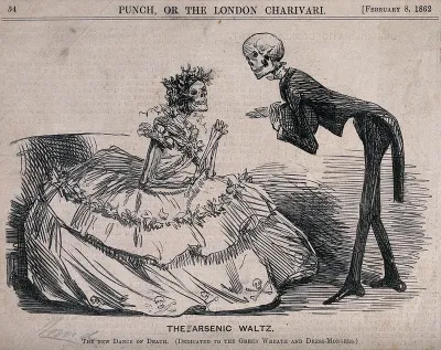 A skeleton gentleman at a ball asks a skeleton lady to dance; representing the effect of arsenical dyes and pigments in clothing and accessories