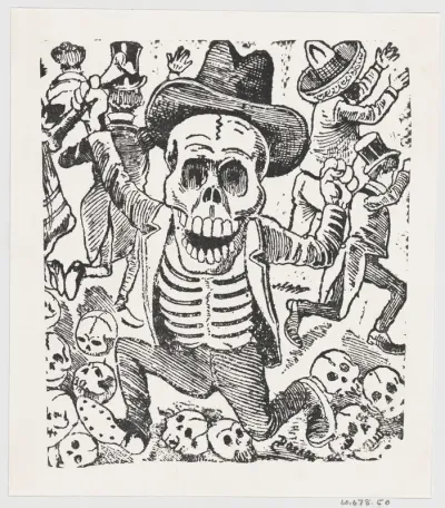 A skeleton holding a bone and leaping over a pile of skulls while people flee, from a broadside entitled 'Las bravisimas calaveras Guatemaltecas'