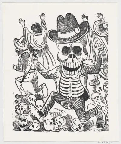 A skeleton holding a knife leaping over a pile of skulls, people flee in the background, from a broadside entitled 'Las bravisimas calaveras Guatemaltecas'