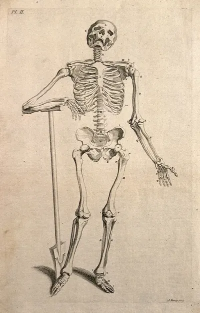 A skeleton leaning on an inscribed tombstone, resting his right hand on a skull