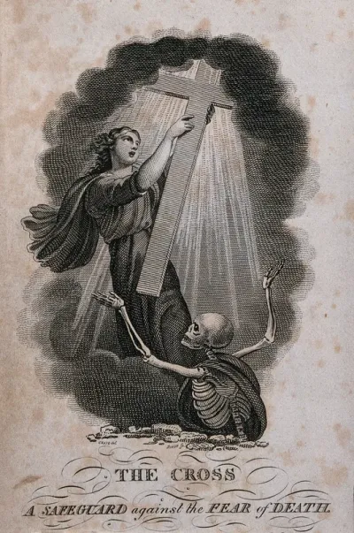 A skeleton opens his arms in supplication to a female figure who holds up a cross