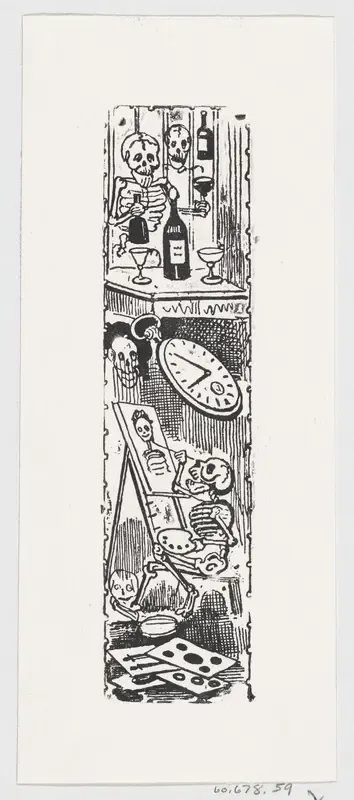 A skeleton painting and another skeleton holding a bottle of liquor, from a broadside entitled 'Aqui esta la calavera del editor popular'